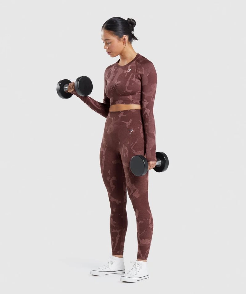 Women's Gymshark Adapt Camo Seamless Long Sleeve Cropped Tops Brown | NZ 5DVPMC